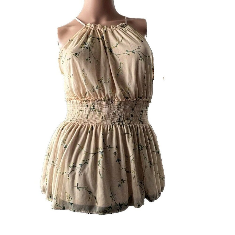 Express Yellow Floral Halter Smocked Waist Sleeveless Peplum Blouse Sz S